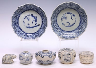 (7) VIETNAMESE 'HOI AN HOARD' BLUE & WHITE GLAZED POTTERY VESSELS & 2 BOWLS