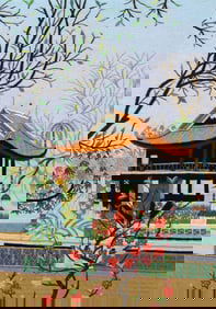 VIETNAMESE EMBROIDERED LANDSCAPE PANEL WITH CHERRY BLOSSOMS, SIGNED