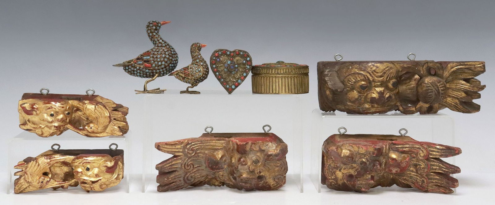 (9) ASIAN FOO LION ARCHITECTURAL ELEMENTS & TIBETAN  FILIGREE INLAID ITEMS (1 of 6)