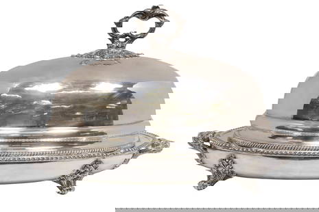 LARGE SILVERPLATE WELL-AND-TREE MEAT SERVING DISH WITH COVERED DOME: Silverplate meat dish with later covered dome, comprising dome with scrolled handle and gadrooned trim, over scalloped well-and-tree meat platter, platter engraved with Scottish Morrison Family Crest