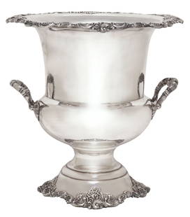 WALLACE 'BAROQUE' SILVERPLATE WINE BOTTLE COOLER: American silverplate wine bottle cooler/ champagne bucket, Wallace, in the "Baroque" pattern, model no. 243, with a removable liner, approx 10.5"h, 10.25"diam, 5lbs (for shipping