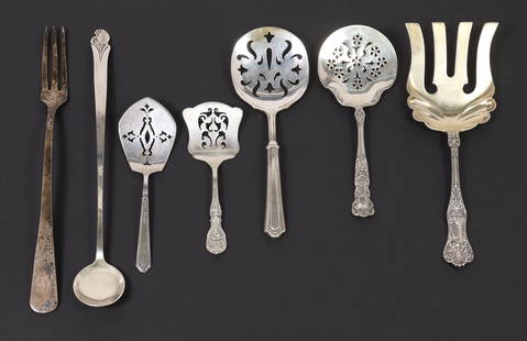 (7) STERLING SILVER SERVICE FLATWARE: (lot of 7) Sterling silver service flatware, including: (1) Frank W. Smith Silver Company "Woodlily" pitcher spoon, approx 11.5"l, (1) AVA Mexico three-tine serving fork, monogrammed S, approx