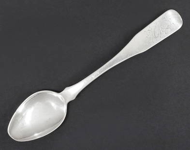 JOHN VOGLER SALEM, NORTH CAROLINA COIN SILVER TEASPOON: American coin silver teaspoon, John Vogler (1783-1881), Salem, North Carolina, fiddle pattern handle, stamped I. Vogler, fancy script monogram HMD, approx 5.5"l, 0.58ozt