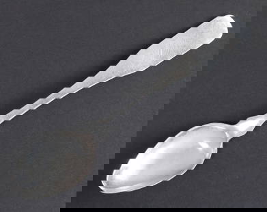 JOHN VOGLER SALEM, NORTH CAROLINA COIN SILVER TEASPOON: American coin silver teaspoon, John Vogler (1783-1881), Salem, North Carolina, fiddle pattern handle, stamped I. Vogler, fancy script monogram HMD, approx 5.5"l, 0.57ozt