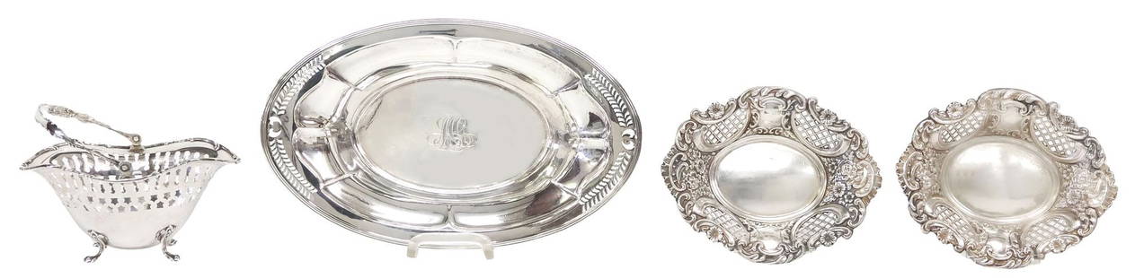 (4) STERLING SILVER TABLE ARTICLES, CHESTER ROCOCO STYLE DISHES: (lot of 4) Sterling silver table articles, including: (2) Rococo style dishes, mark of William Neale, Chester, c.1899, pierced latticework, repousse rocaille and c-scrolls, approx 6"l, 5"w, (1) Towle