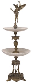 FRENCH NEOCLASSICAL STYLE BRONZE & PORCELAIN 2-TIER CENTERPIECE STAND