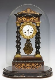 FRENCH NAPOLEON III PERIOD PORTICO CLOCK IN GLASS CLOCHE
