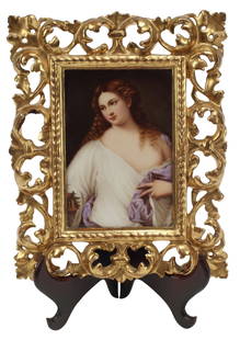 KPM STYLE PAINTED PORCELAIN PLAQUE FLORA AFTER TITIAN: Framed German painted porcelain plaque, Flora, after Titian (Italian, c.1488/90-1576), signed lower right A.B., impressed mark on the verso for Hutschenreuther, sight: approx 6.75"h, 4.5"w,
