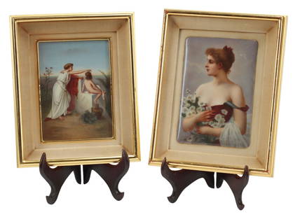 (2) FRAMED KPM STYLE PAINTED PORCELAIN PLAQUES: (lot of 2) Framed German porcelain plaques, including: (1) Allegorical Female Figure with Putto, signed lower right Brodel, inscribed verso "une voile attendre nach F. Coomans," sight: