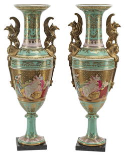(2) LARGE VIENNA STYLE PARCEL-GILT PORCELAIN VASES, 24.5"H: (pair) Large Vienna style parcel gilt porcelain vases, each having flared rim over dual griffin-form handles, reserves depicting allegorical female figures and winged cherubs, on integral stone