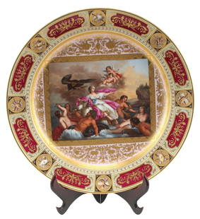 VIENNA STYLE PORCELAIN MYTHOLOGICAL CABINET PLATE: Vienna style porcelain cabinet plate, 19th c., painted with the abduction of Europa, within paneled and gilt borders, titled in script to the obverse, underglaze blue shield mark, approx