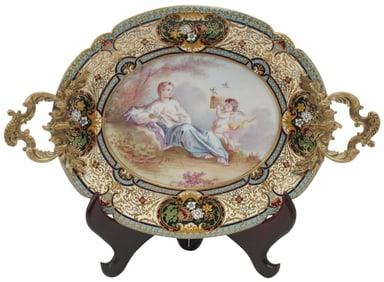 FRENCH BRONZE, CHAMPLEVE ENAMEL & PORCELAIN CARD TRAY