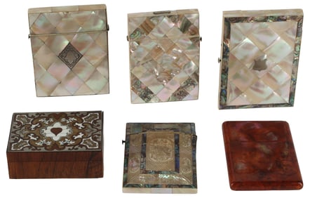 (6) VICTORIAN MOTHER-OF-PEARL CARD CASES & BOULLE-STYLE BOX