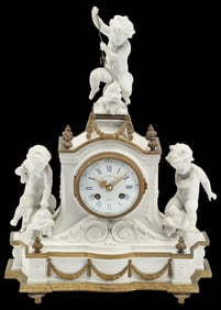 FRENCH SEVRES STYLE BISCUIT PORCELAIN & ORMOLU CHERUBS MANTEL CLOCK