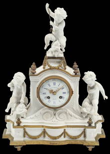 FRENCH SEVRES STYLE BISCUIT PORCELAIN & ORMOLU CHERUBS MANTEL CLOCK: French Sevres style biscuit porcelain and bronze dore figural mantel clock, 19th c., surmounted by three putto figures on French dolphins, centering white dial with Roman numeral hour markers, marked