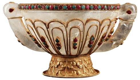 GILT-METAL & GEM-ENCRUSTED ROCK CRYSTAL BOWL