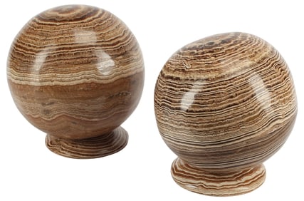 (2) LARGE BANDED BROWN & WHITE STONE SPHERES ON STANDS