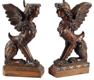 (2) RENAISSANCE REVIVAL CARVED SPHINX TABLE LAMPS
