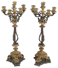 (2) FRENCH ORMOLU & PATINATED BRONZE SIX-LIGHT CANDELABRA