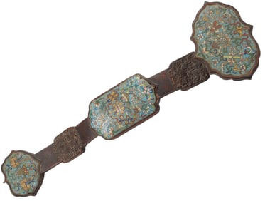 CHINESE CARVED HARDWOOD & CLOISONNE ENAMEL RUYI SCEPTER