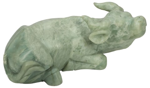LARGE CHINESE CARVED GREEN HARDSTONE OX ANIMAL FIGURE, 27"W