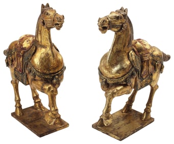 (2) PARCEL GILT & PAINTED WOOD TANG DYNASTY STYLE HORSES, 26"H