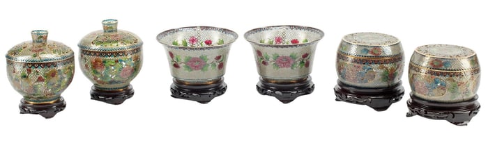 (6) CHINESE PLIQUE-A-JOUR ENAMELED BOWLS ON STANDS