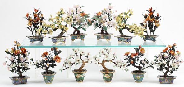 (12) CHINESE HARDSTONE & CLOISONNE FLOWERING TREES