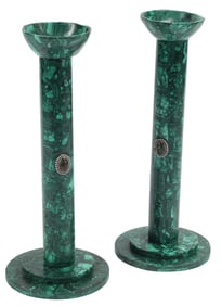 (2) JEWELED MALACHITE CANDLESTICKS, 14"H