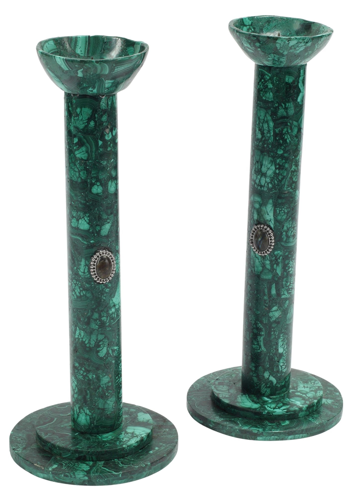 (2) JEWELED MALACHITE CANDLESTICKS, 14"H (1 of 4)