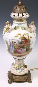 MONUMENTAL MEISSEN STYLE PORCELAIN LIDDED URN TABLE LAMP, 35.5"H