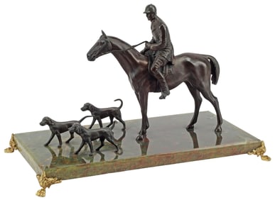 PATINATED METAL SCULPTURE FOX HUNTING WITH HOUNDS