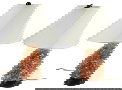 (2) CAROLE STUPELL STYLE CITRINE & ROCK CRYSTAL-MOUNTED TABLE LAMPS: (pair) Citrine and rock crystal-mounted single-light table lamps, in the manner of Carole Stupell, accompanied by tapered fabric shades, observed operating, lamp only: approx 19&quot;h, 6&quot;w, 5.5&