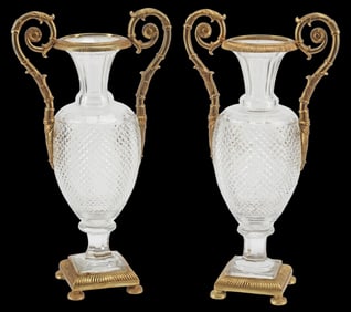 (2) BACCARAT STYLE ORMOLU-MOUNTED CRYSTAL URNS