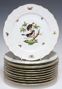 (12) HEREND 'ROTHSCHILD BIRD' HAND-PAINTED PORCELAIN DINNER PLATES: (lot of 12) Herend hand-painted porcelain dinner plates, in the "Rothschild Bird" pattern, each having scalloped border with parcel gilt trim, various hand-painted bird and insect motifs, maker's mark