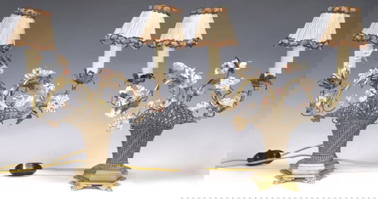 (2) FRENCH PORCELAIN & GILT METAL WOVEN BASKET CANDELABRA LAMPS