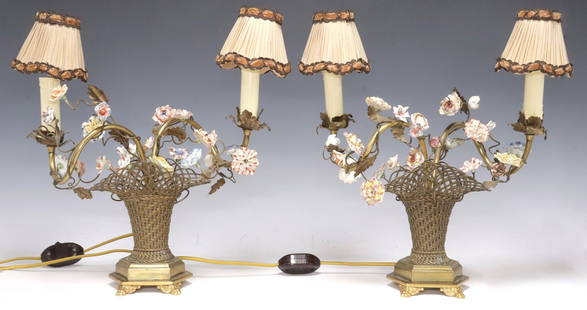 (2) FRENCH PORCELAIN & GILT METAL WOVEN BASKET CANDELABRA LAMPS: (pair) French gilt metal two-light candelabra, now fashioned as boudoir table lamps, each in the form of a reticulated woven basket with flared rim, issuing two scrolled arms, with applied foliate vin