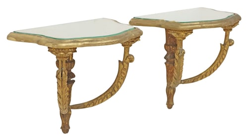 (2) FRENCH LOUIS XVI STYLE GLASS-TOP GILTWOOD WALL BRACKETS