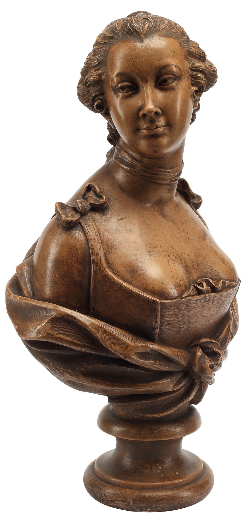 TERRACOTTA BUST OF MADAME DE POMPADOUR, 27.5"H: Terracotta bust, Madame de Pompadour (Jeanne-Antoinette Poisson, French, 1721-1764), rising on integral socle, approx 27.5"h, 14"w, 11"d, 32.75lbs