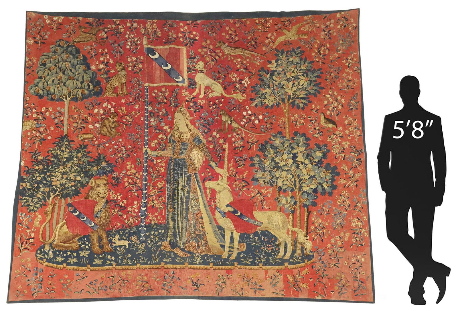 LADY & THE UNICORN SCREEN PRINTED TAPESTRY, 91" X 90" (1 of 4)