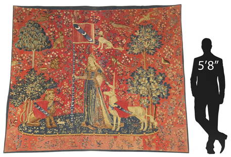 LADY & THE UNICORN SCREEN PRINTED TAPESTRY, 91" X 90": Screen printed tapestry, &quot;Touch&quot; from the &quot;The Lady and the Unicorn&quot; series, after the original 16th century Flemish tapestry, depicting a lady holding the banner of the Le Viste f