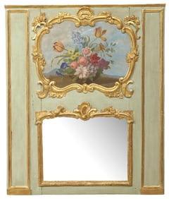 FRENCH PARCEL GILT & FLORAL PAINTED TRUMEAU MIRROR