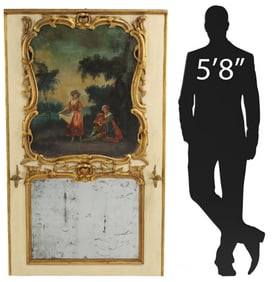 ITALIAN ROCOCO STYLE PARCEL-GILT & PAINTED TRUMEAU MIRROR, 67"H