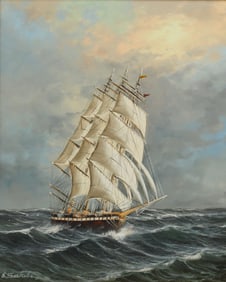 GUNTER SEEKATZ (B.1928) PAINTING, SAILING SHIP ON ROUGH SEAS, 24" X 20"