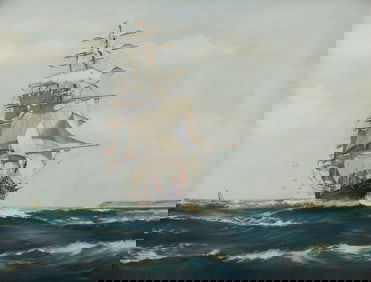 BRITISH SCHOOL MARINE PAINTING SHIP AT FULL SAIL, 19" X 25"