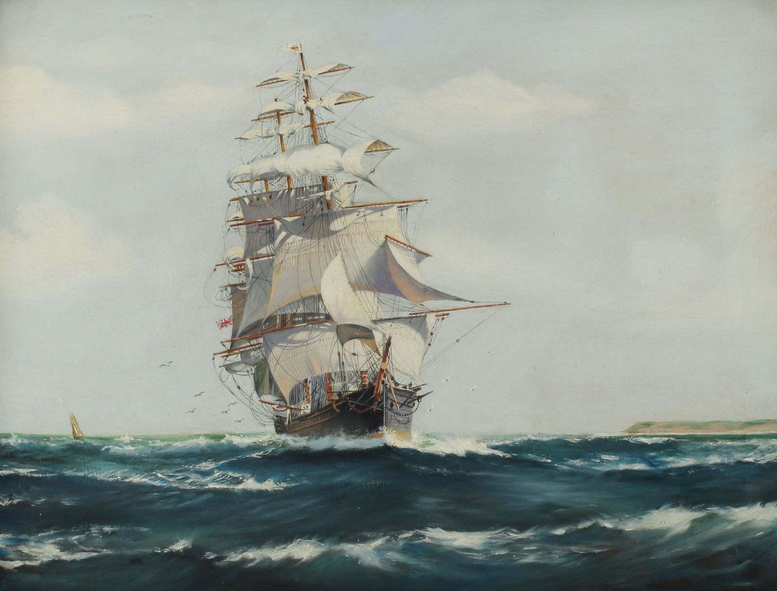 BRITISH SCHOOL MARINE PAINTING SHIP AT FULL SAIL, 19" X 25": Framed British School oil on canvas painting, Three-masted Ship at Full Sail, apparently unsigned, sight: approx 18.75"h, 24.75"w, overall: approx 25"h, 31"w, 6.5lbs