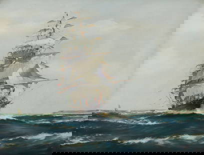 BRITISH SCHOOL MARINE PAINTING SHIP AT FULL SAIL, 19" X 25": Framed British School oil on canvas painting, Three-masted Ship at Full Sail, apparently unsigned, sight: approx 18.75"h, 24.75"w, overall: approx 25"h, 31"w, 6.5lbs