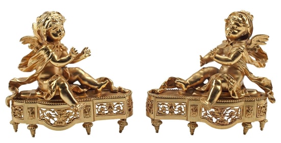 (2) LOUIS XVI STYLE ORMOLU FIGURAL FIREPLACE CHENETS