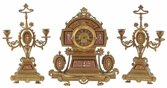 (3) FRENCH NEO-GREC ORMOLU & PORCELAIN MANTEL CLOCK & CANDELABRA