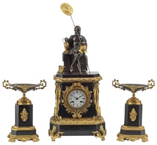 (3) FRENCH ORMOLU-MOUNTED BLACK MARBLE MANTEL CLOCK GARNITURE